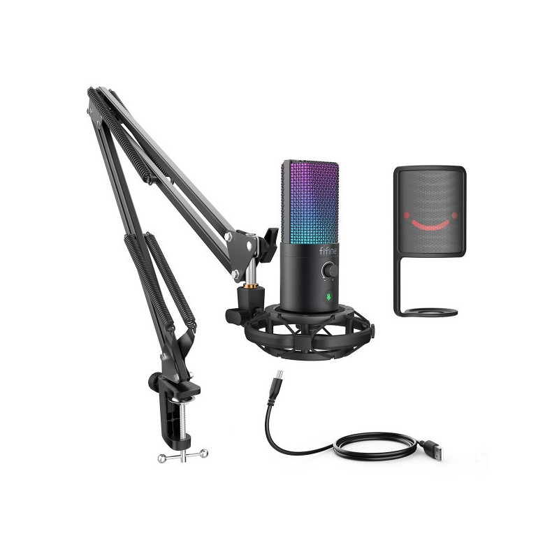 Mikrofonas - FIFINE T669 PRO3 Laidinis Mikrofonas su RGB Apšvietimu ir Stovu, Juodas