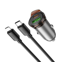 Automobilinis įkroviklis Hoco USB A + USB C QC3.0 PD 3A 43W + laidas USB C - Lightning NZ16A, pilkas, metalinis Automobilinis įkroviklis Hoco USB A + USB C QC3.0 PD 3A 43W + laidas USB C - Lightning NZ16A, pilkas, metalinis