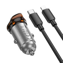 Automobilinis įkroviklis Hoco USB A + USB C QC3.0 PD 3A 43W + laidas USB C - Lightning NZ16A, pilkas, metalinis Automobilinis įkroviklis Hoco USB A + USB C QC3.0 PD 3A 43W + laidas USB C - Lightning NZ16A, pilkas, metalinis