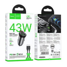 Automobilinis įkroviklis Hoco USB A + USB C QC3.0 PD 3A 43W + laidas USB C - Lightning NZ16A, pilkas, metalinis Automobilinis įkroviklis Hoco USB A + USB C QC3.0 PD 3A 43W + laidas USB C - Lightning NZ16A, pilkas, metalinis