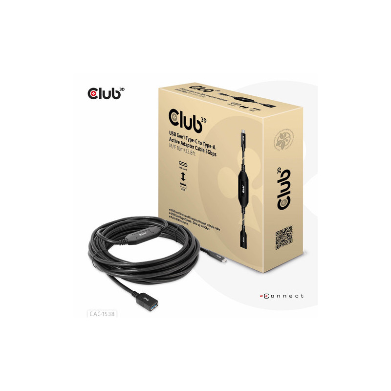 CLUB 3D CAC-1538 USB Gen1 C tipo į A tipo aktyvus adapterio kabelis 5Gbps V / M 10m