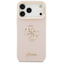„Guess“ grūdėtas didelis 4G ir stovas kameros dėklas, skirtas „iPhone 17 Pro Max“ – rožinis