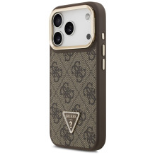 „Guess 4G PU“ trikampio logotipo ir stovo kameros „MagSafe“ dėklas, skirtas „iPhone 17 Pro“ – rudas