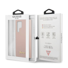 „Guess“ silikoninis metalinis dėklas „Samsung S22 Ultra“ logotipu, rožinis
