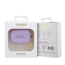 „Guess“ silikoninis dėklas „Apple Airpods Pro 2“ ausinėms, klasikinis, su auksiniu logotipu ir 4G pakabuku, violetinis