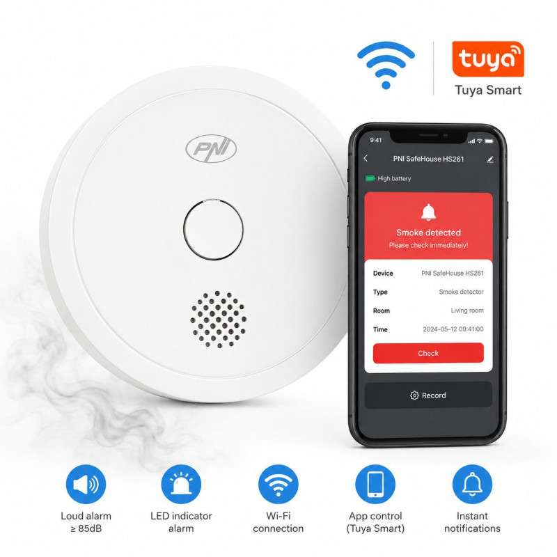 „Wi-Fi“ dūmų jutiklis „SafeHouse“, „Tuya“ valdymas, 3 V, 85 dB signalizacija, PNI HS261
