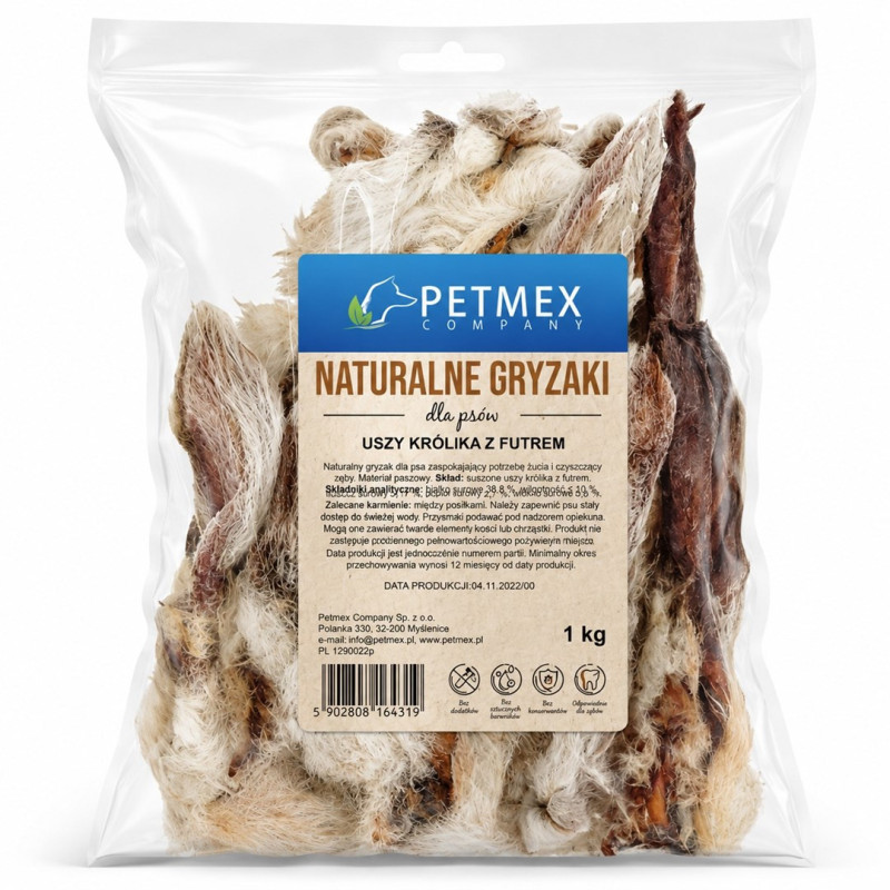 PETMEX rabbit ears with fur - dog treat - 1kg