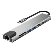 Tech-Protect HB09 USB hub 8in1 TYPE-C + USB-A 3.0 + USB-C 3.0 + HDMI 4K 60HZ + SD / TF + PD100W + RJ45 1000 MB / S - gra