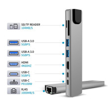 Tech-Protect HB09 USB hub 8in1 TYPE-C + USB-A 3.0 + USB-C 3.0 + HDMI 4K 60HZ + SD / TF + PD100W + RJ45 1000 MB / S - gra