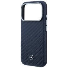 Mercedes Leather Semi Wrap Wood Effect MagSafe Case for iPhone 17 Pro Max - Navy Blue