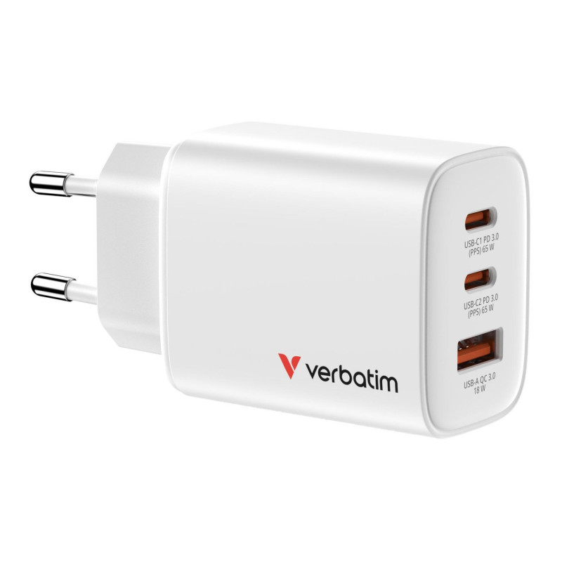 Lādētājs Verbatim Essentials GaN Wall Charger 65W 3 Port White 023942323532