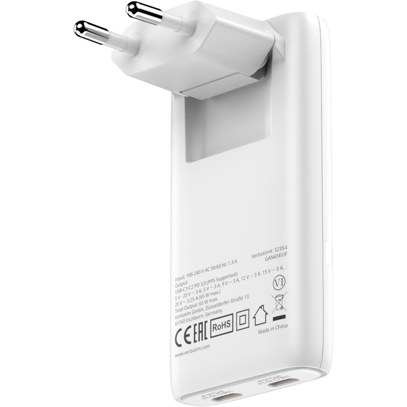 Lādētājs Verbatim Fold n Go GaN 65W USB-C White 0023942323556