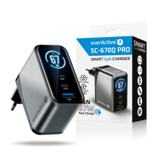Įkroviklis - everActive SC-670Q Pro 67W 1xUSB-A 2xUSB-C LCD Ekranas Juodas Įkroviklis - everActive SC-670Q Pro 67W 1xUSB-A 2xUSB-C LCD Ekranas Juodas