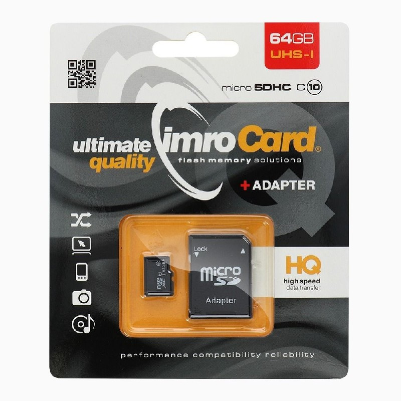 Atminties korta IMRO MicroSD 64GB 100MB / s (class10 UHS I 4K) + SD Adapteris