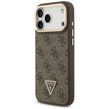 „Guess 4G PU“ trikampio logotipo ir stovo kameros „MagSafe“ dėklas, skirtas „iPhone 17 Pro Max“ – rudas