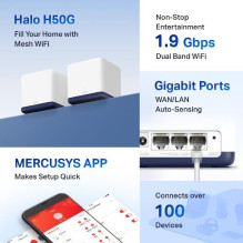 Wireless Router, MERCUSYS, Wireless Router, 2-pack, 1900 Mbps, Mesh, LAN \ WAN ports 3, HALOH50G(2-PACK)