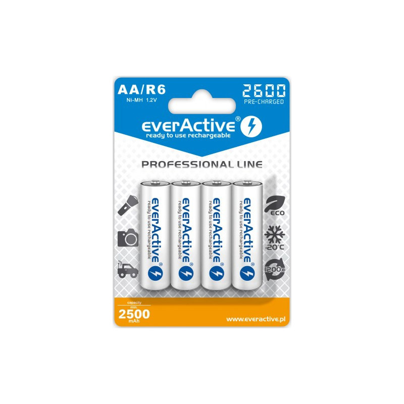 Įkraunamos Baterijos - everActive Ni-MH R6 AA 2600 mAh Profesionali Linija 4 Vnt.