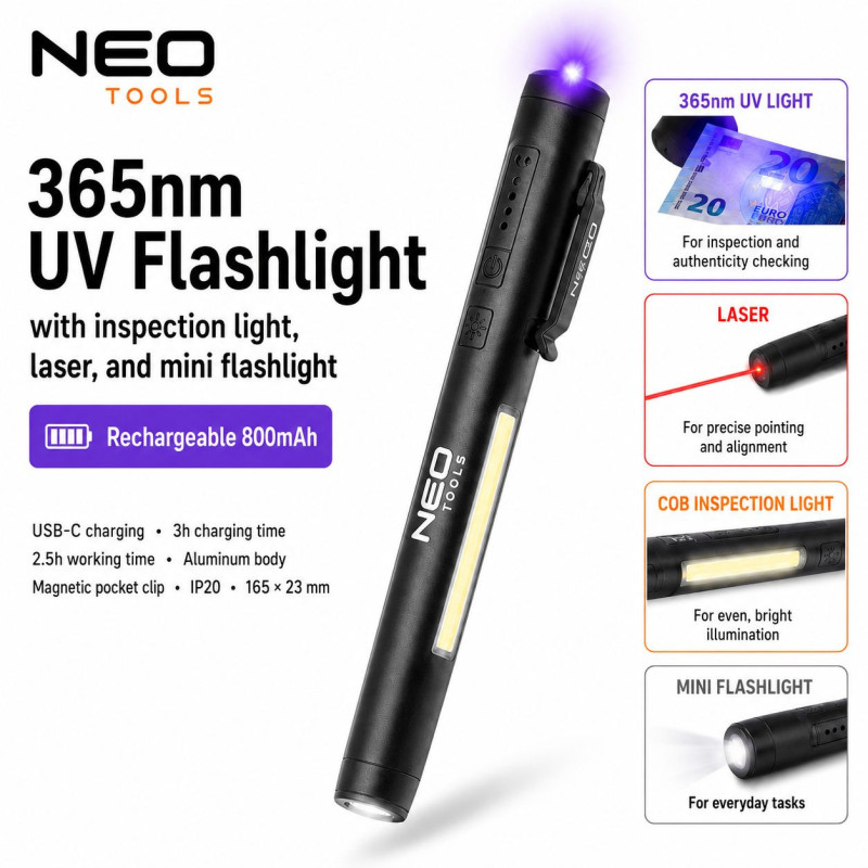 Ultravioletinis 365 nm šviesos žibintuvėlis su apžiūros lempute, lazeriu, mažu žibintuvėliu, įkraunamas 800 mAh