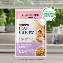 Purina Cat Chow Sensitive Gig su lašiša ir cukinijomis padaže - Šlapias katėms skirtas ėdalas - 85 g Purina Cat Chow Sensitive Gig su lašiša ir cukinijomis padaže - Šlapias katėms skirtas ėdalas - 85 g