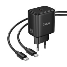Telefono GaN įkroviklis Hoco USB C PD AVS 40W max 60W su USB C - USB C laidu N83 juodas