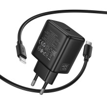 Telefono GaN įkroviklis Hoco USB C PD AVS 40W max 60W su USB C - USB C laidu N83 juodas