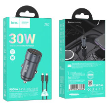 Automobilinis įkroviklis Hoco USB C QC3.0 PD 30W + laidas USB C - Lightning Z57, metalinis, pilkas Automobilinis įkroviklis Hoco USB C QC3.0 PD 30W + laidas USB C - Lightning Z57, metalinis, pilkas