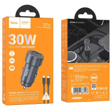 Automobilinis įkroviklis Hoco USB A + USB C QC3.0 PD 30W + laidas USB C - Lightning Z57A juodas Automobilinis įkroviklis Hoco USB A + USB C QC3.0 PD 30W + laidas USB C - Lightning Z57A juodas