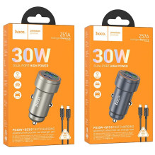 Automobilinis įkroviklis Hoco USB A + USB C QC3.0 PD 30W + laidas USB C - Lightning Z57A juodas Automobilinis įkroviklis Hoco USB A + USB C QC3.0 PD 30W + laidas USB C - Lightning Z57A juodas