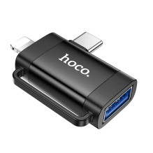Adapteris OTG 2in1 USB C / Lightning į USB A Hoco UA31F, juodas Adapteris OTG 2in1 USB C / Lightning į USB A Hoco UA31F, juodas