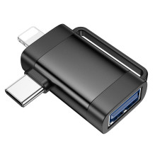 Adapteris OTG 2in1 USB C / Lightning į USB A Hoco UA31F, juodas Adapteris OTG 2in1 USB C / Lightning į USB A Hoco UA31F, juodas