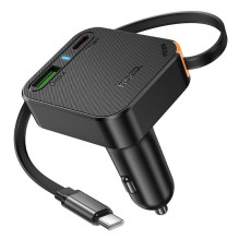 Car charger Hoco wit retractable cable 2 x USB C + USB A QC PD 65W NZ18 black Car charger Hoco wit retractable cable 2 x USB C + USB A QC PD 65W NZ18 black