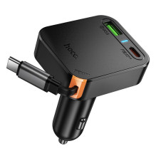 Car charger Hoco wit retractable cable 2 x USB C + USB A QC PD 65W NZ18 black Car charger Hoco wit retractable cable 2 x USB C + USB A QC PD 65W NZ18 black