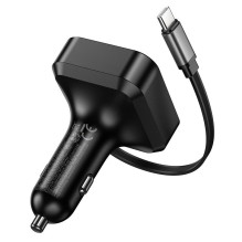Automobilinis įkroviklis Hoco su ištraukiamu laidu 2 x USB C + USB A QC PD 65W NZ18 juodas Automobilinis įkroviklis Hoco su ištraukiamu laidu 2 x USB C + USB A QC PD 65W NZ18 juodas