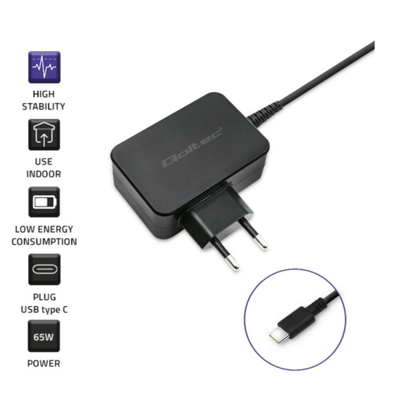 Qoltec Charger , 65W , 5-20V , 3-3.25A , USB type C , PD , Laptop , Smartphone , Black