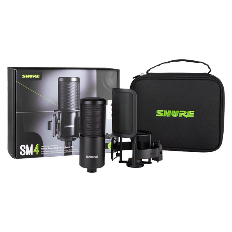 „Shure SM4-K-KIT“ – kondensatorinis mikrofonas, išoriškai poliarizuotas, rankena, popfiltras, dėklas