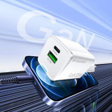 „Wozinsky WWC-35W GaN USB-A + USB-C“ sieninis įkroviklis – baltas