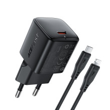 „Acefast A118“ 30 W „GaN USB-C“ sieninis įkroviklis su 1,2 m USB-C–Lightning laidu – juodas