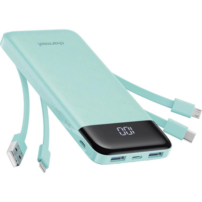 Nešiojamoji baterija 5V 3A 10000 mAh su integruotais laidais USB A / USB C / Lightning / Micro USB Charmast W1148 žalia