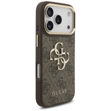 „Guess 4G Big 4G Classic“ logotipo ir didelių dirželių metalinių mygtukų dėklas, skirtas iPhone 17 Pro – rudas