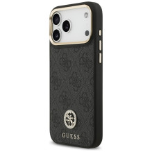 „Guess 4G Srtass“ logotipas ir dideli metaliniai dirželio mygtukai su „MagSafe“ dėklu, skirtu „iPhone 17 Pro Max“ – juod