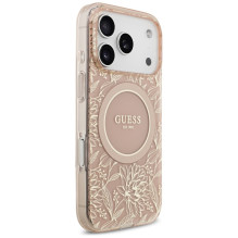 „Guess IML Flowers Electro Pearl Strap MagSafe“ dėklas, skirtas „iPhone 17 Pro“ – rožinis