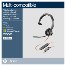 HP Poly Blackwire 3310 Monoural Microsoft Teams sertifikuotos USB-C ausinės + USB-C / A adapteris HP Poly Blackwire 3310 Monoural Microsoft Teams sertifikuotos USB-C ausinės + USB-C / A adapteris