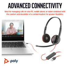 HP Poly Blackwire 3220 stereo USB-C juodos ausinės su USB-C / A adapteriu (didmeninė prekyba)