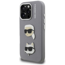 Karl Lagerfeld FW Grained Karl &amp; Choupette Heads Pins Case for iPhone 16 Pro Max - Gray