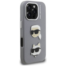 Karl Lagerfeld FW Grained Karl &amp; Choupette Heads Pins Case for iPhone 16 Pro Max - Gray