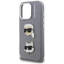 Karl Lagerfeld FW Grained Karl &amp; Choupette Heads Pins Case for iPhone 16 Pro Max - Gray