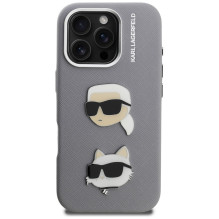 Karl Lagerfeld FW Grained Karl &amp; Choupette Heads Pins Case for iPhone 16 Pro - Gray