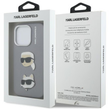 Karl Lagerfeld FW Grained Karl &amp; Choupette Heads Pins Case for iPhone 16 Pro - Gray