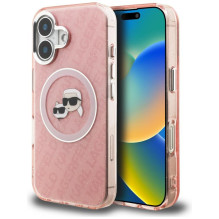 Karl Lagerfeld IML Glitter Karl &amp; Choupette Heads Logo MagSafe iPhone 16 Case - Pink