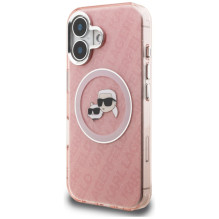 Karl Lagerfeld IML Glitter Karl &amp; Choupette Heads Logo MagSafe iPhone 16 Case - Pink
